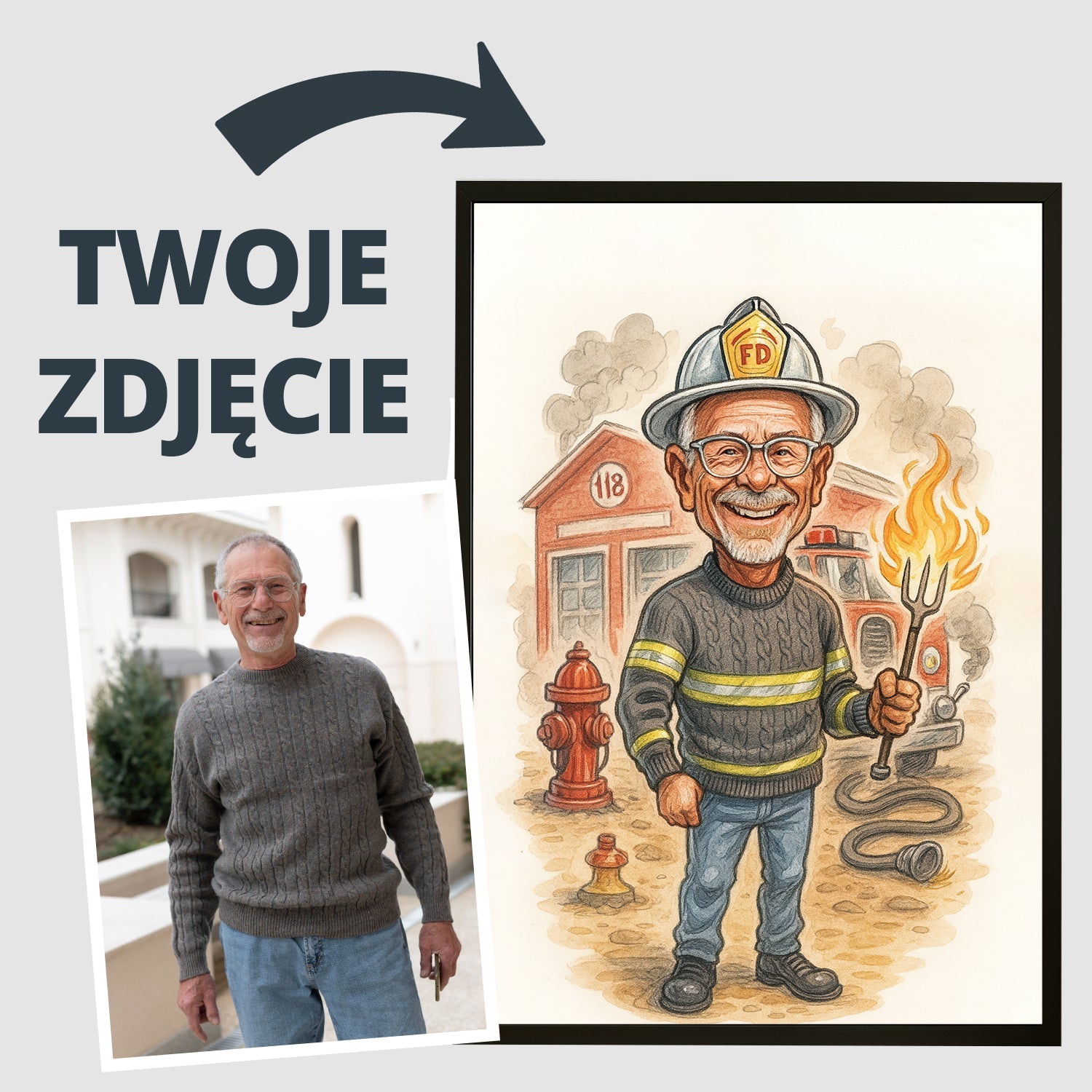 Przykład karykatury na zamówienie - zestawienie zdjęcia mężczyzny z gotową karykaturą strażaka. Idealne zobrazowanie tego, jak wygląda karykatura ze zdjęcia, świetna jako oryginalny prezent na urodziny, prezent na 18 dla chłopaka lub zabawna pamiątka.