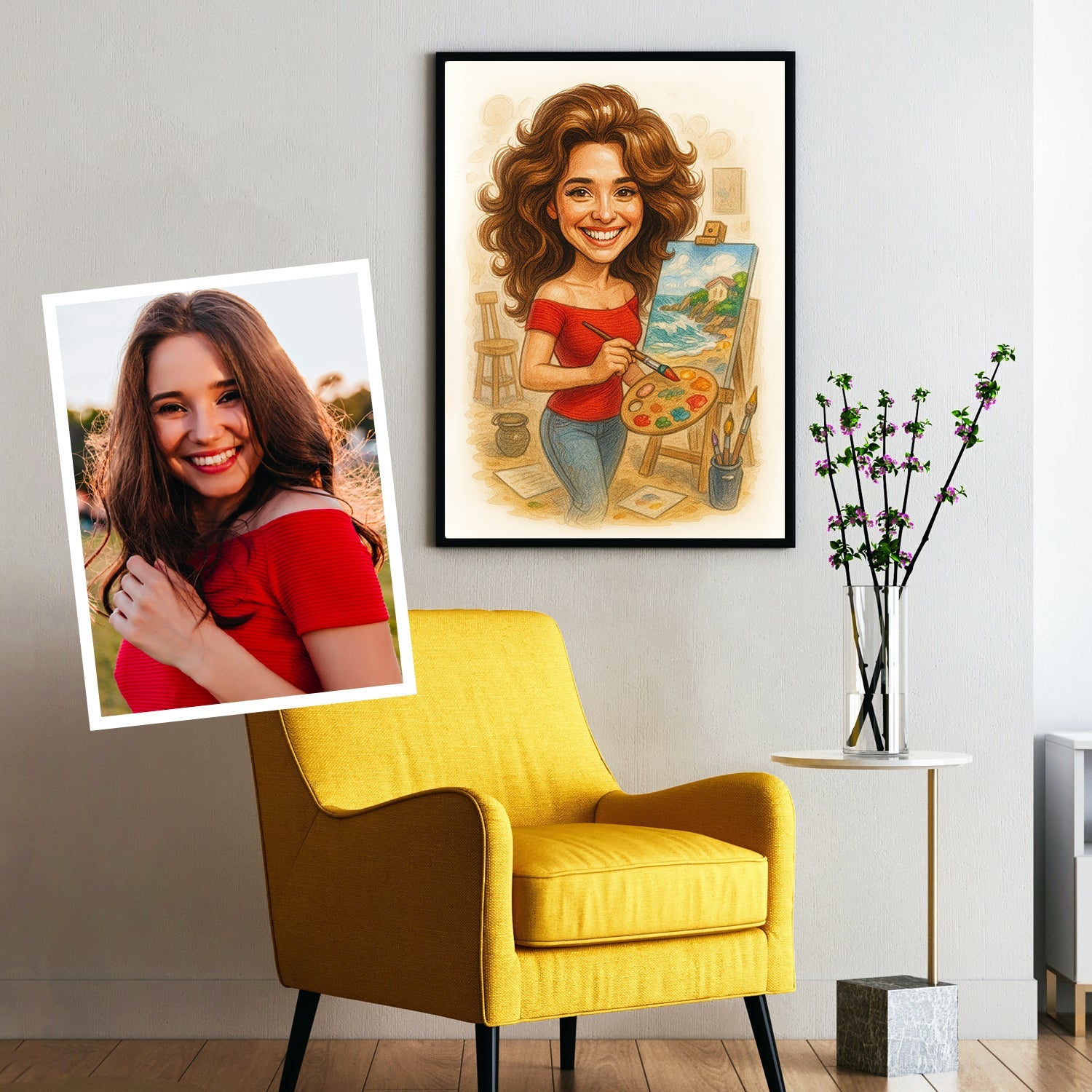 Przykład karykatury na zamówienie — fotografia dziewczyny obok gotowej karykatury malarki zawieszonej we wnętrzu. Idealne zobrazowanie personalizowanej karykatury ze zdjęcia, świetnej na prezent na 18 urodziny dla dziewczyny, prezent na osiemnastkę.