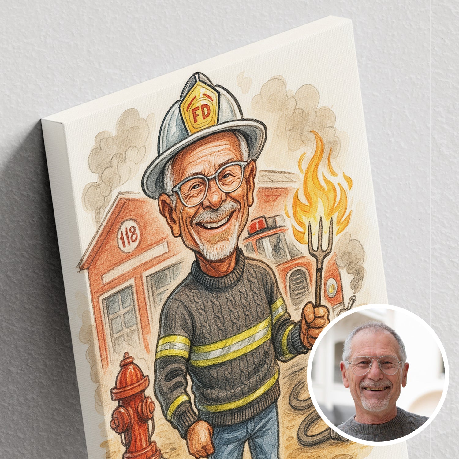 Karykatura na zamówienie przedstawiająca uśmiechniętego starszego mężczyznę jako strażaka na tle remizy, wykonana ze zdjęcia — idealna jako oryginalny prezent na 18 urodziny, śmieszny prezent na osiemnastkę dla chłopaka, wyjątkowy prezent na 18, a także karykatura na urodziny, rocznicę lub pamiątka na szczególne okazje