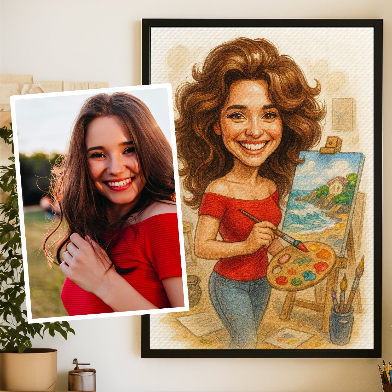 Karykatura na zamówienie przedstawiająca młodą uśmiechniętą kobietę malarkę, wykonana ze zdjęcia — idealna jako oryginalny prezent na 18 urodziny dla dziewczyny, prezent na osiemnastkę, wyjątkowy prezent na 18 dla przyjaciółki lub pamiątka na urodziny.