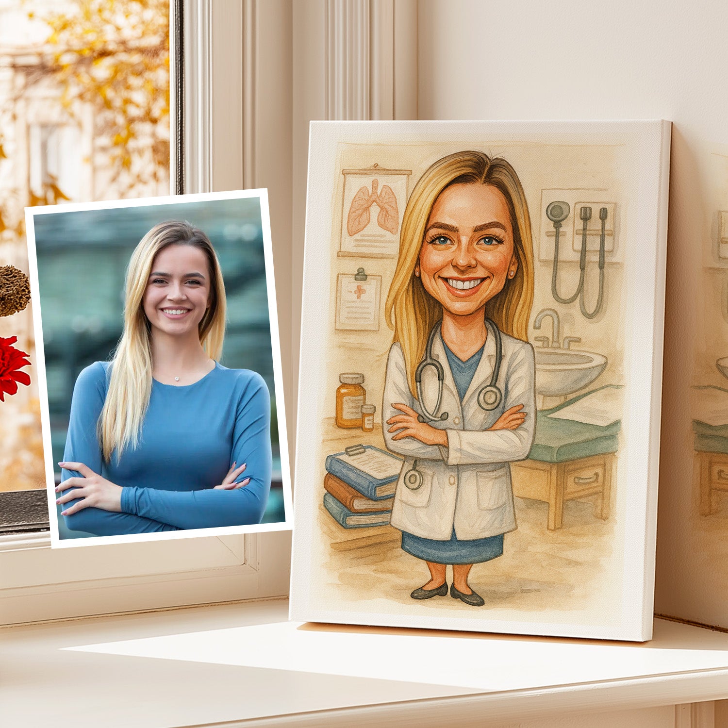 Karykatura młodej lekarki wykonana na podstawie zdjęcia, przedstawiona w gabinecie medycznym. Idealna jako personalizowany prezent na 18 urodziny, kreatywny prezent dla przyjaciółki czy oryginalna pamiątka na urodziny. Karykatura na zamówienie na płótnie, dopracowana w szczegółach i stworzona jako wyjątkowy, zabawny portret.