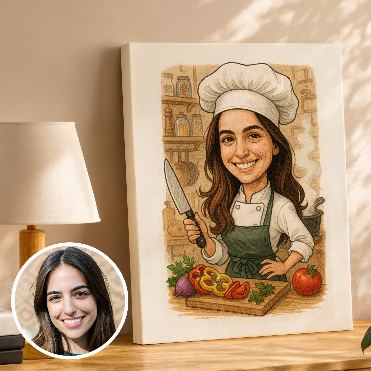 Personalizowana karykatura ze zdjęcia przedstawiająca kobietę w stroju kucharki, trzymającą nóż w kuchni pełnej aromatycznych składników. Świetny pomysł na prezent na 18 urodziny dla dziewczyny, kreatywny prezent na osiemnastkę, oryginalny upominek dla miłośniczki gotowania lub wyjątkowa karykatura na urodziny.